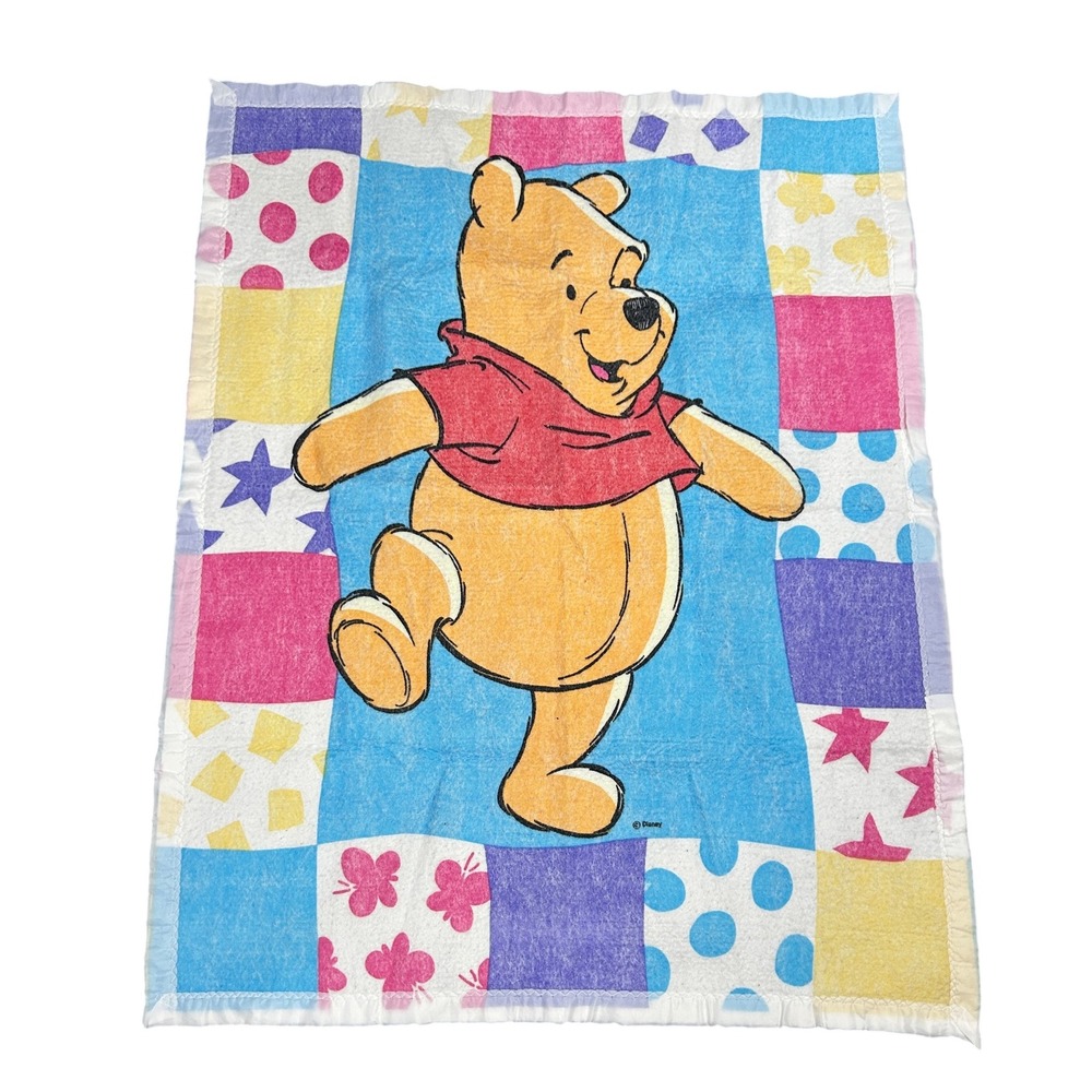 VTG Disney Winnie The Pooh Baby Blanket Satin Trim Classic Crib Nursery 35x43